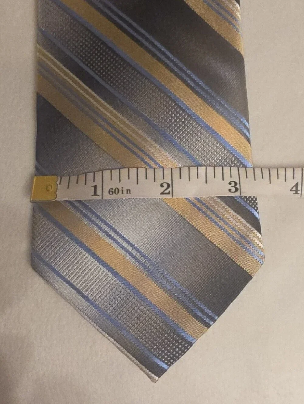 Pronto Uomo Silk Hand Made Gray Tie with Gold and Blue Stripes X Large 65 Inches